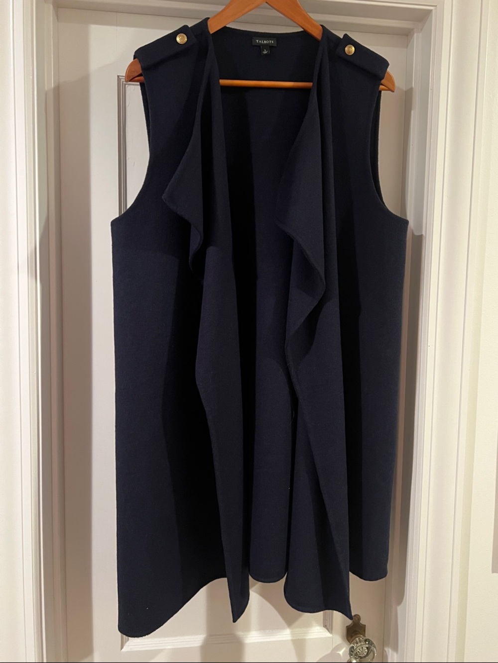 Talbots Navy Sleeveless Draped Front Vest with Shoulder Buttons